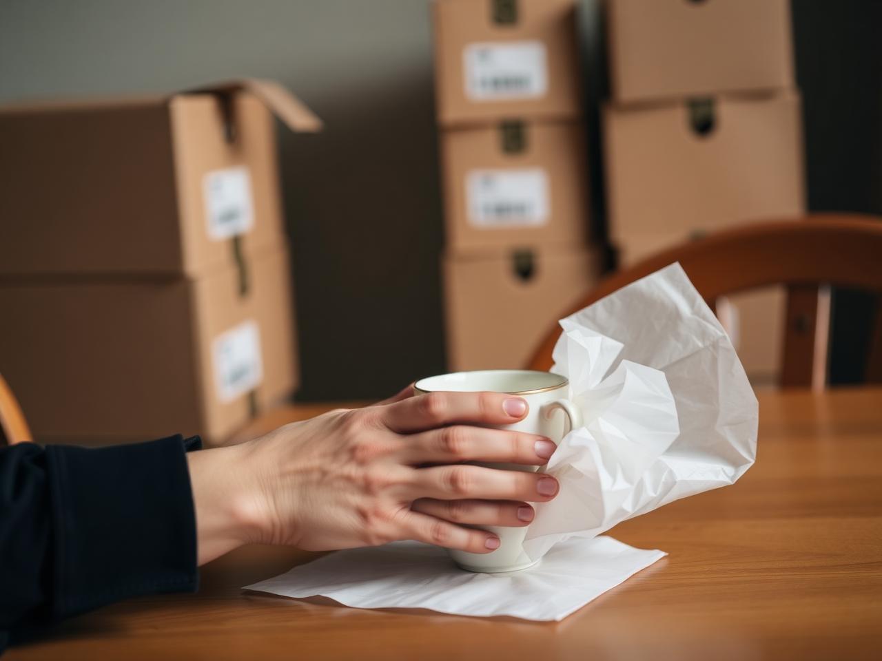 Hands carefully wrapping a teacup beside packed boxes